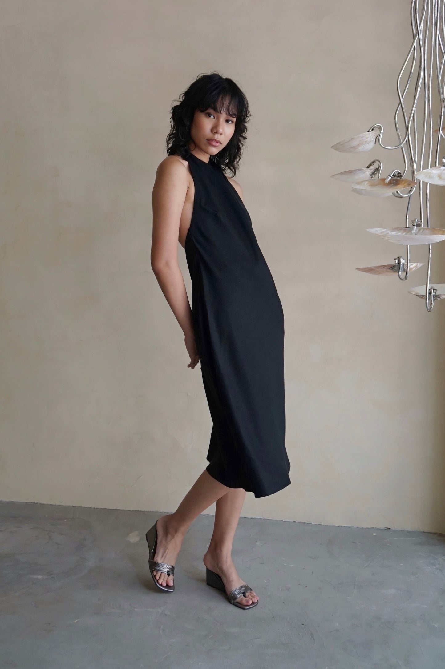 Halter Bias Midi Dress Black Tencel