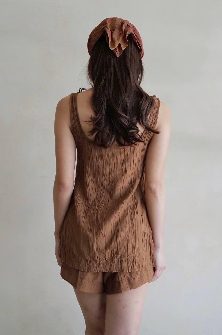 Square Neck Tunic Top Brown Crinkle