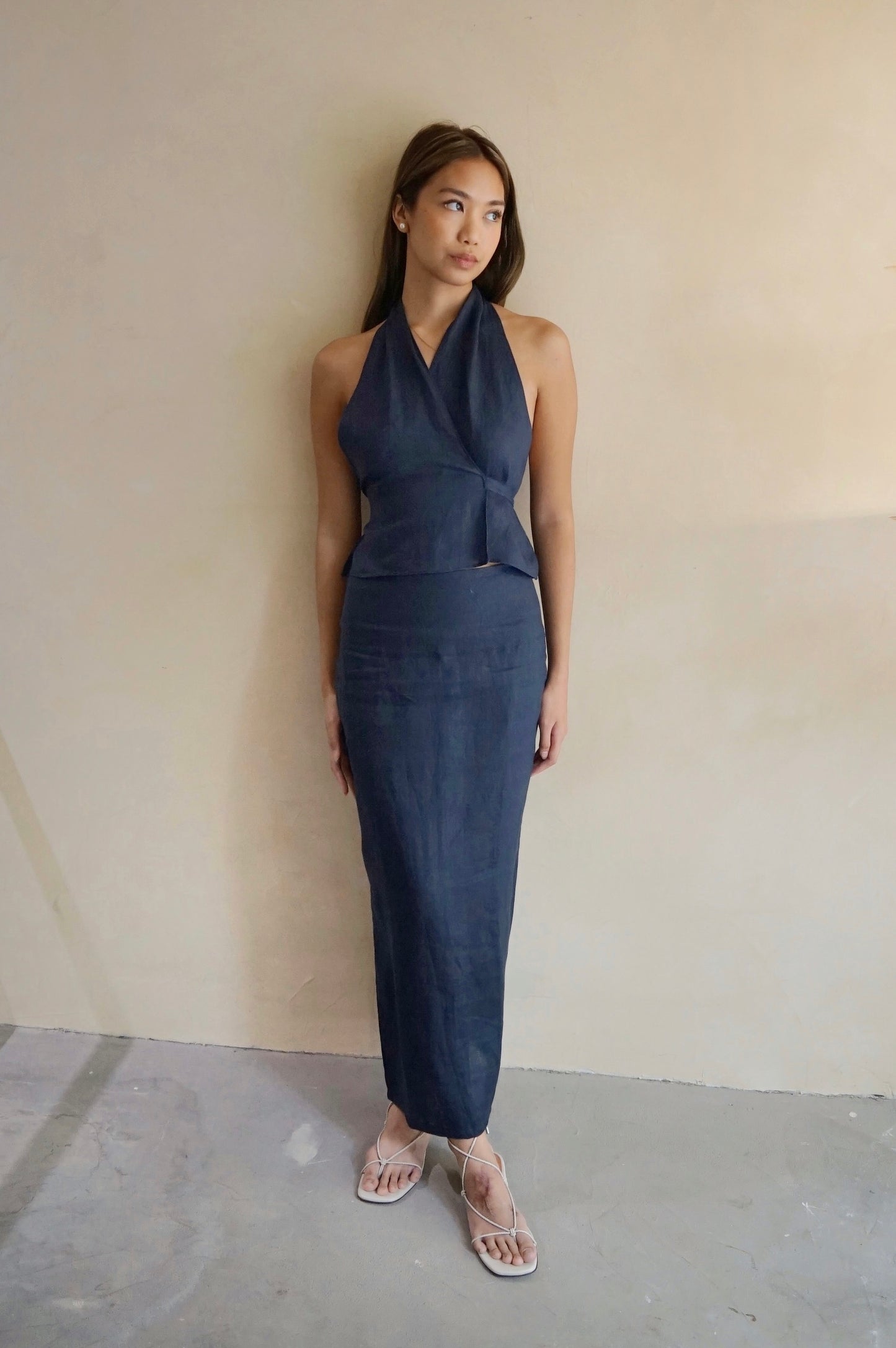 Wrap Top Navy Linen