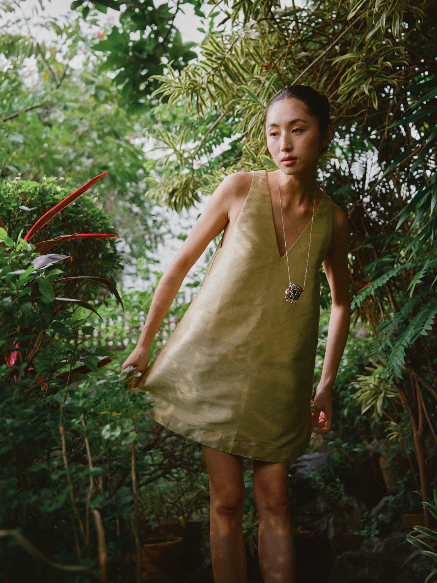 V-Neck Silk Swing Dress Peridot