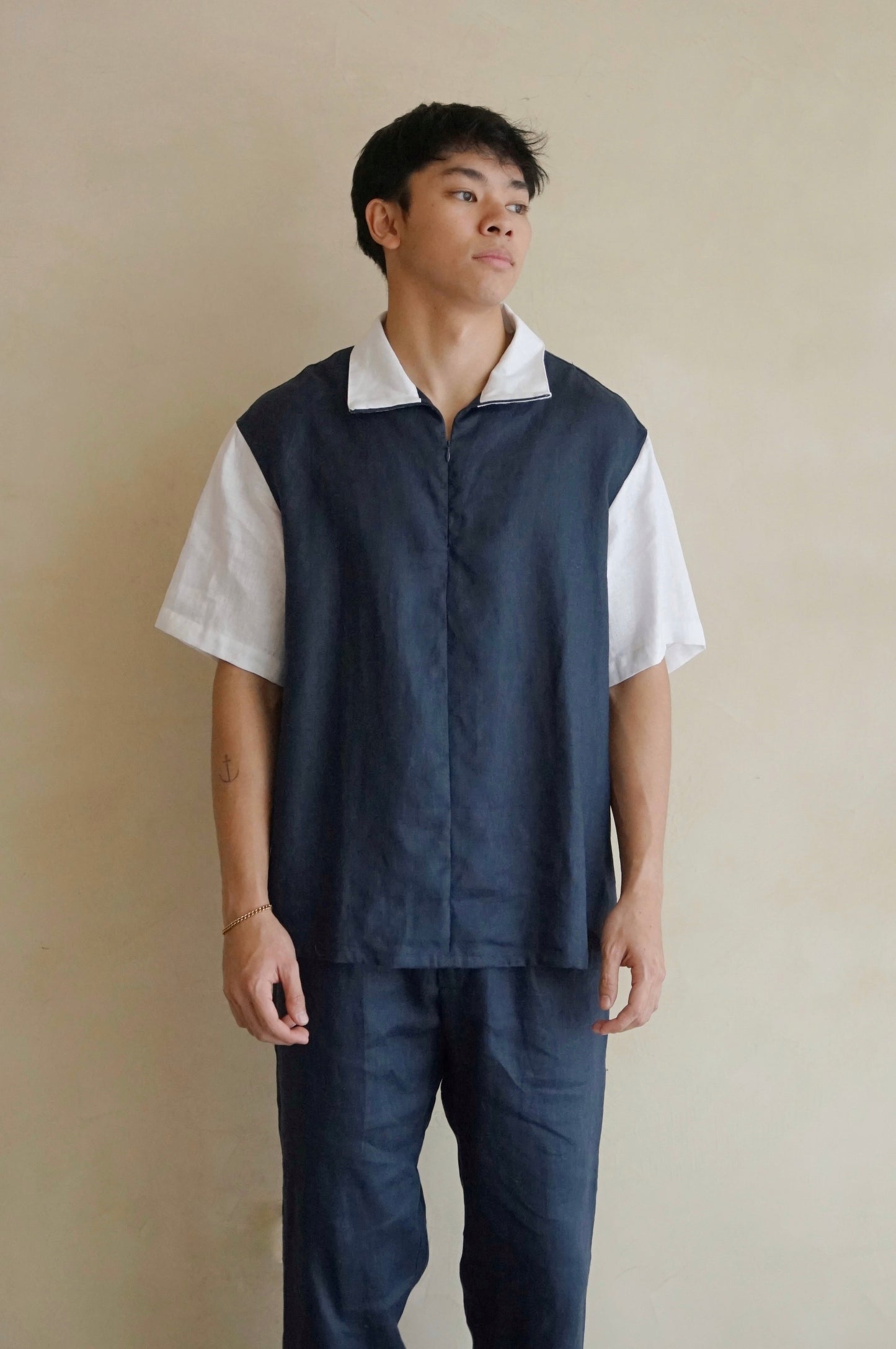 Men's Volley Shirt Colorblock Navy and Pure Linen