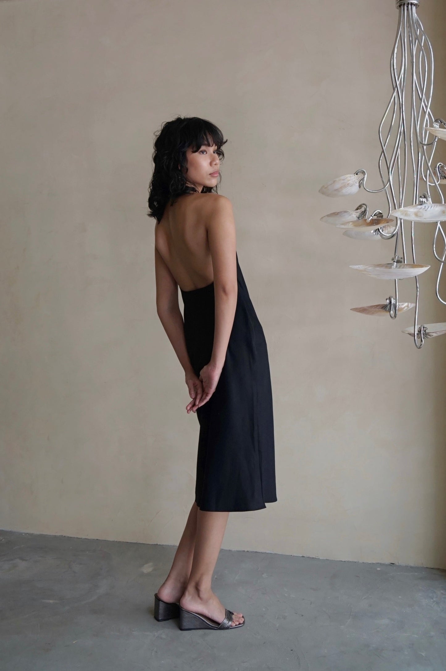 Halter Bias Midi Dress Black Tencel