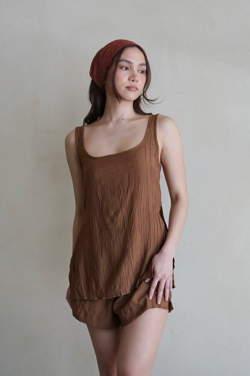 Square Neck Tunic Top Brown Crinkle