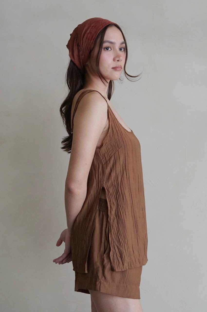 Square Neck Tunic Top Brown Crinkle