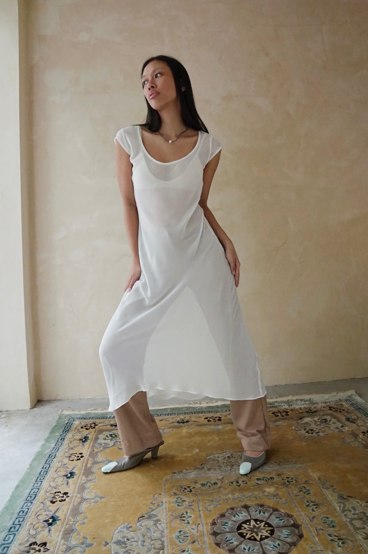 Cap Sleeve Veil Dress White