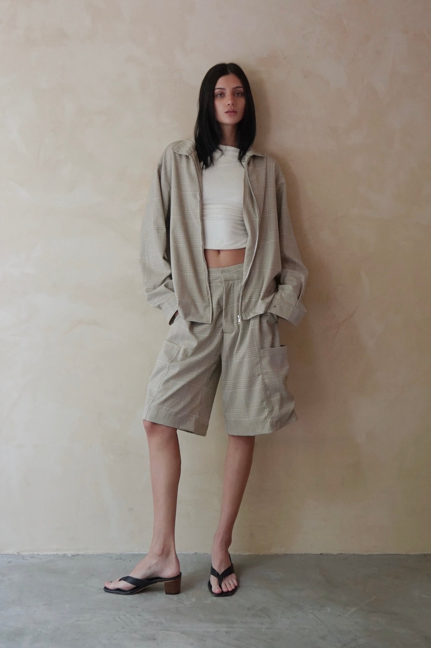Long Sleeve Zip Shirt Beige Plaid