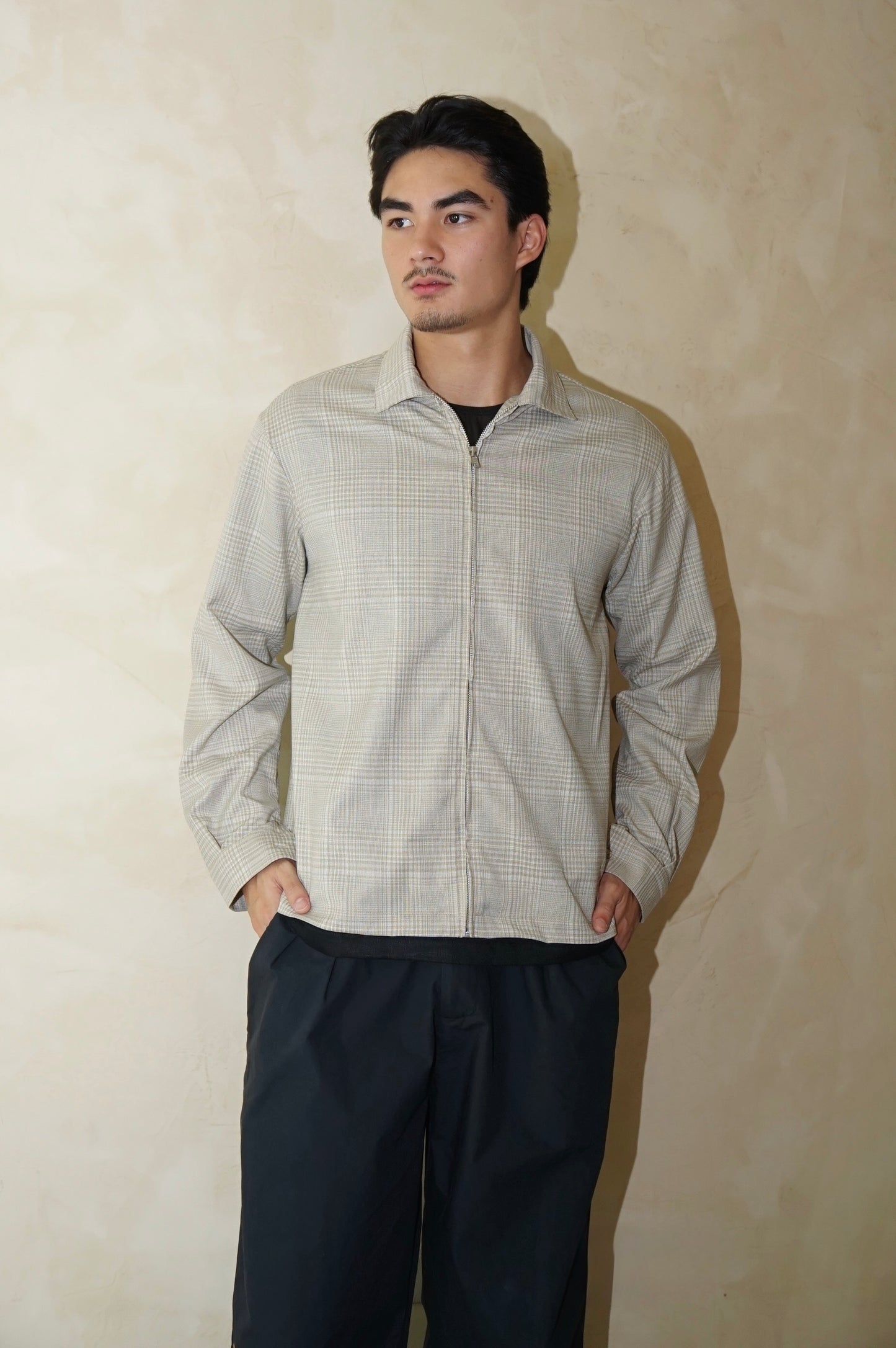 Long Sleeve Zip Shirt Beige Plaid