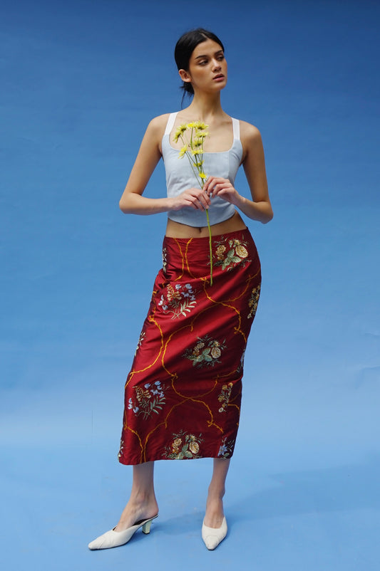 Silk Pencil Skirt Burgundy Bloom