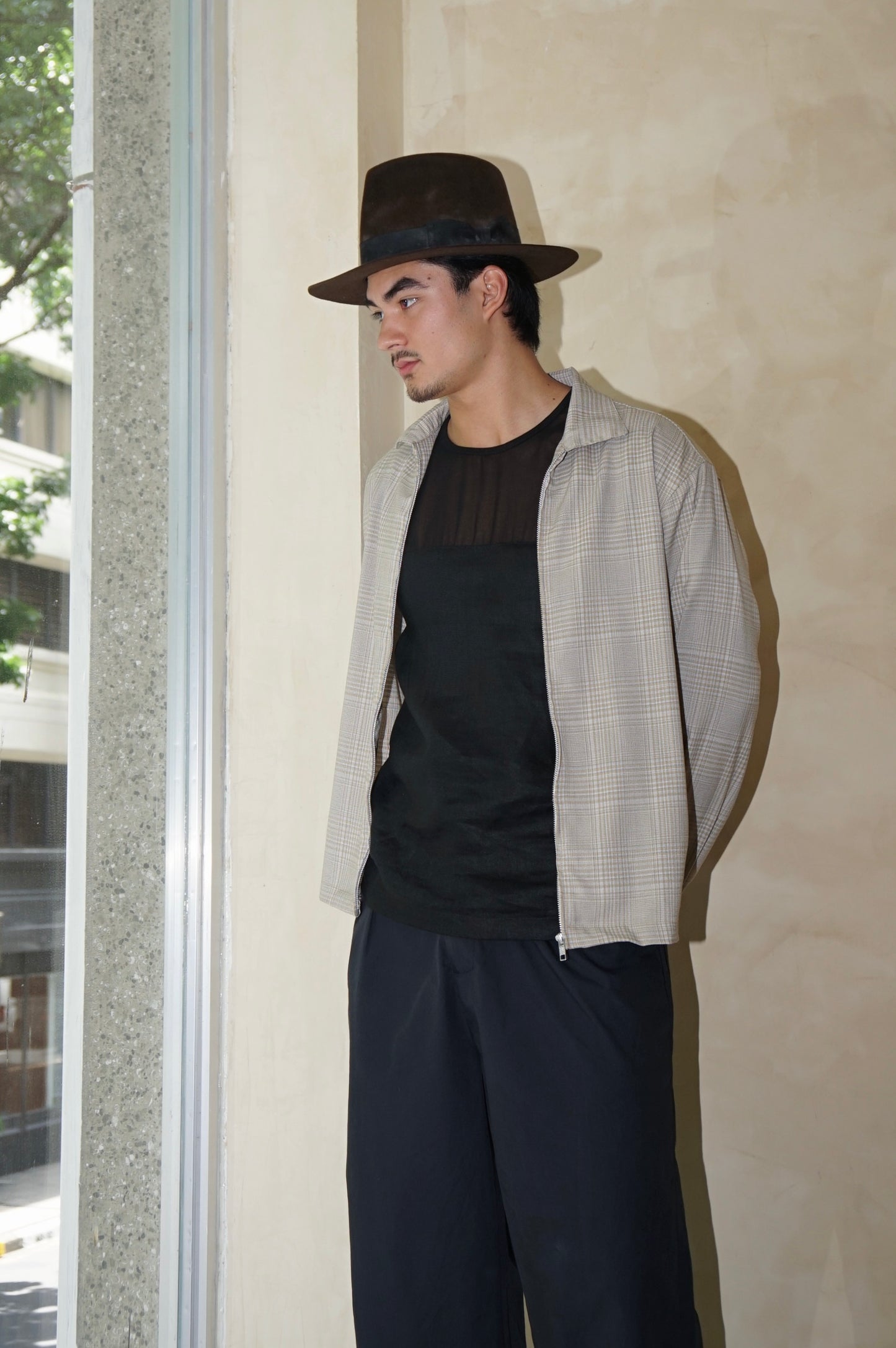 Long Sleeve Zip Shirt Beige Plaid