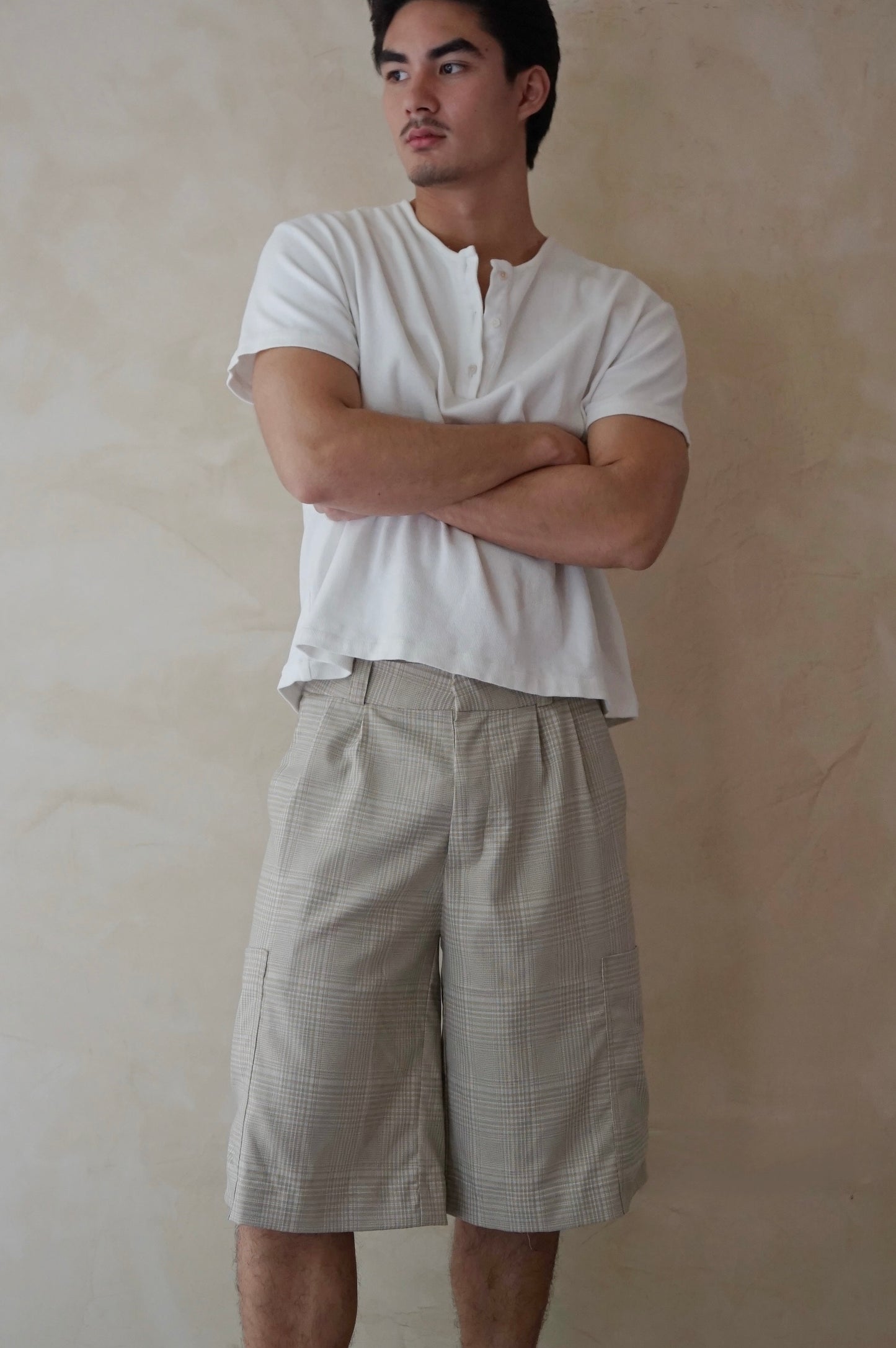 Unisex Cargo Shorts Beige Plaid