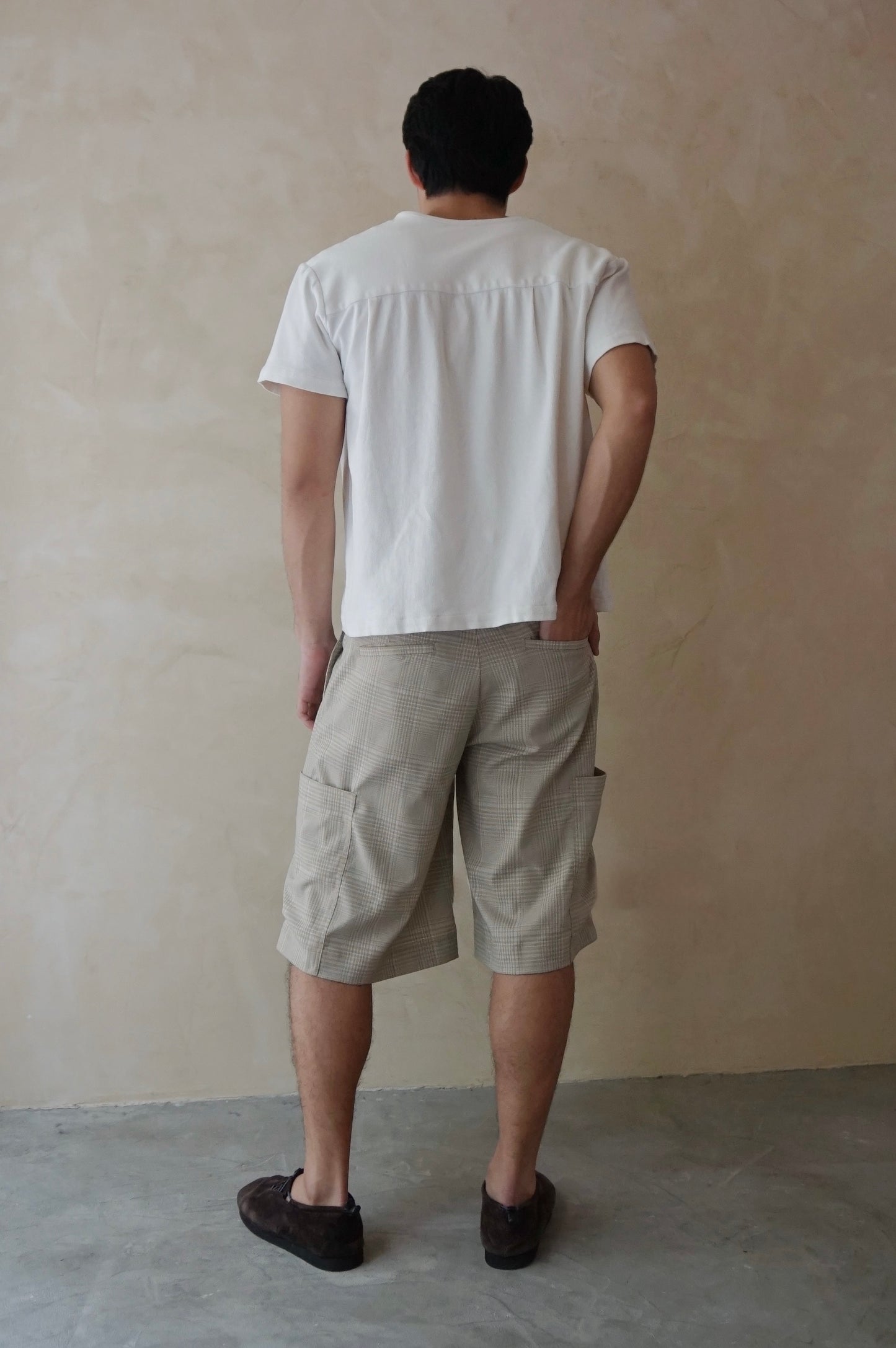 Unisex Cargo Shorts Beige Plaid