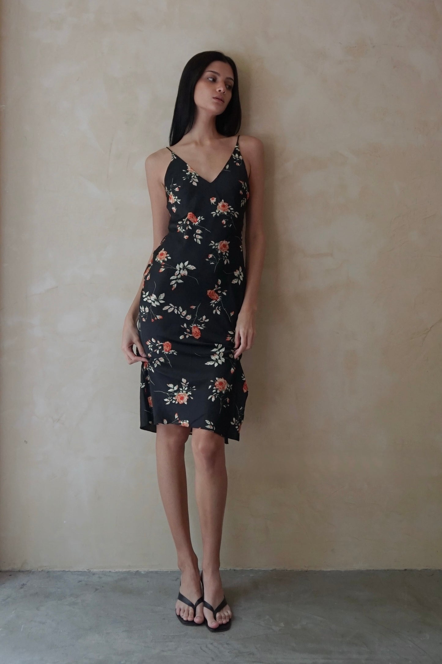 Bias Slip Midi Dress Black Floral