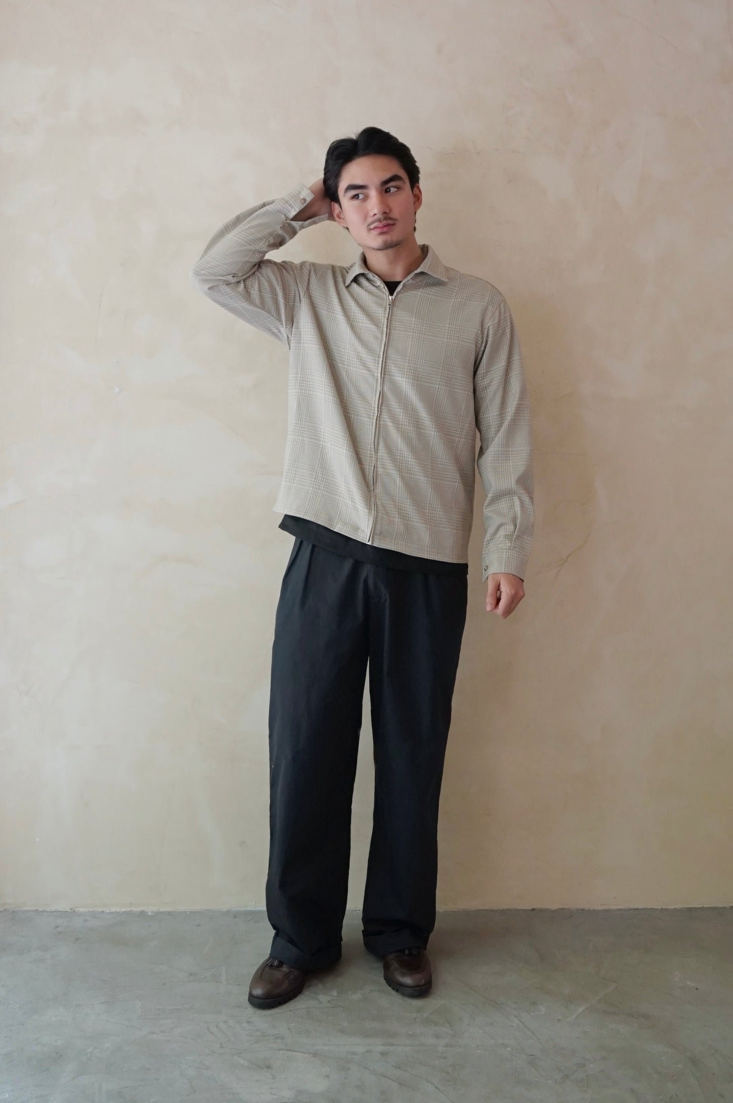 Long Sleeve Zip Shirt Beige Plaid