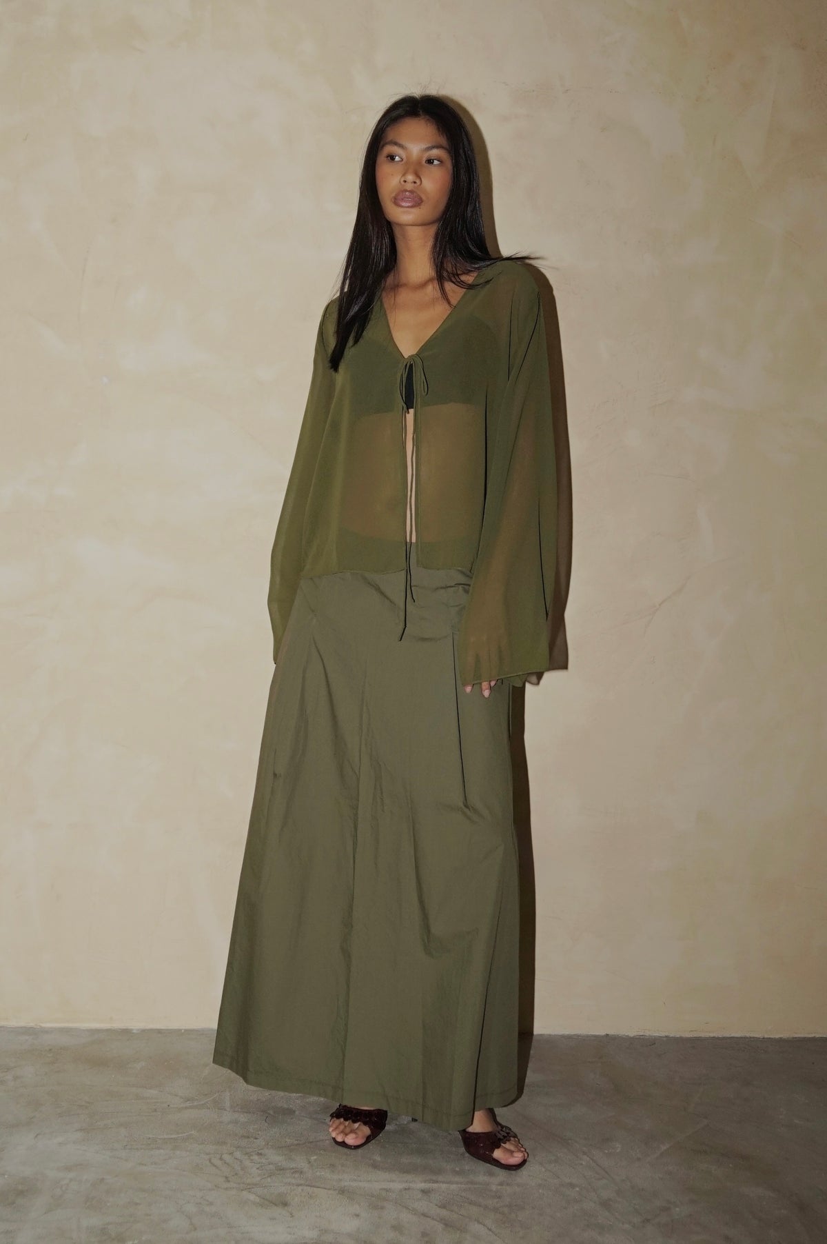 Ondine Tie Top Sheer Olive