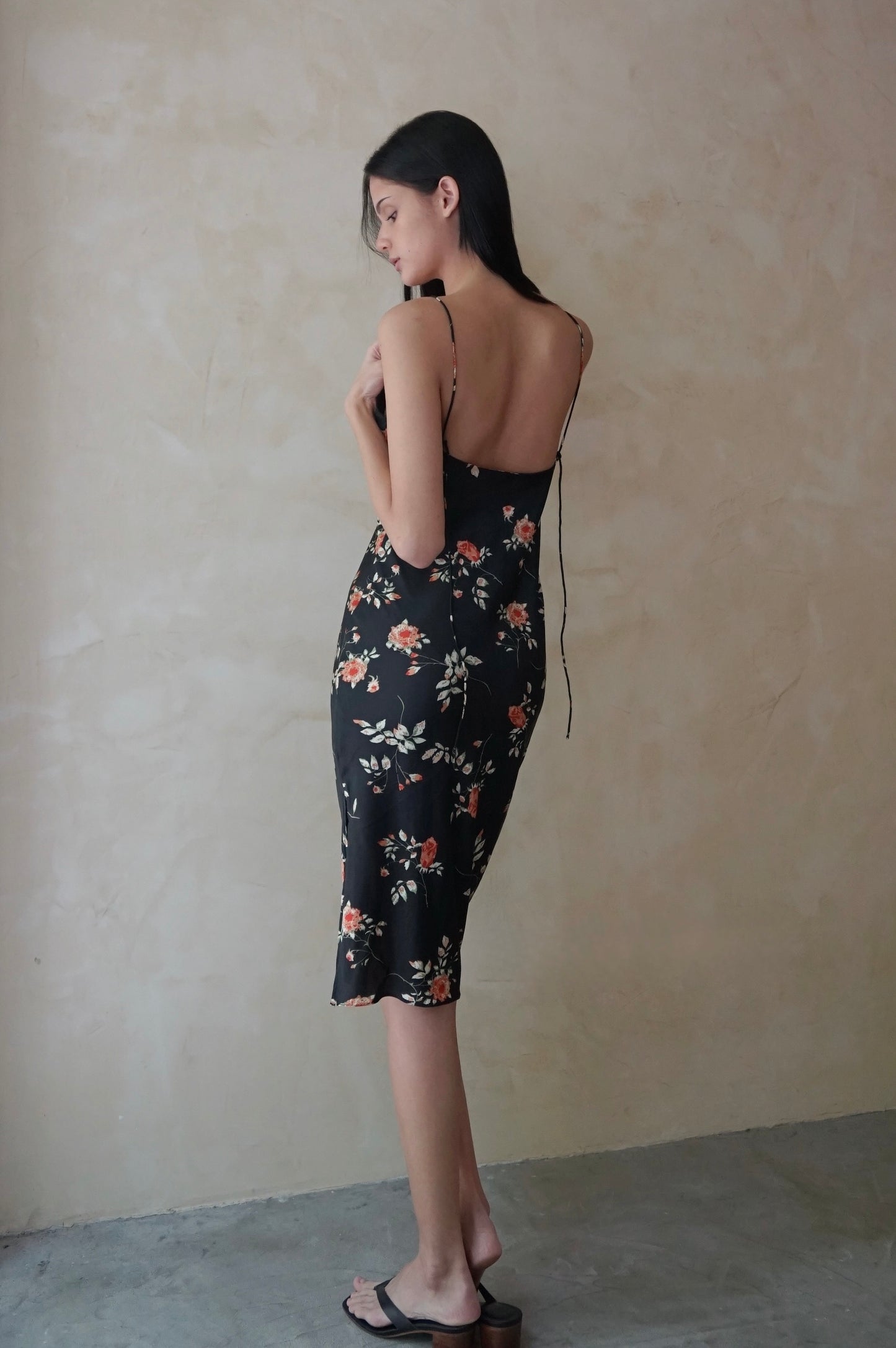 Bias Slip Midi Dress Black Floral