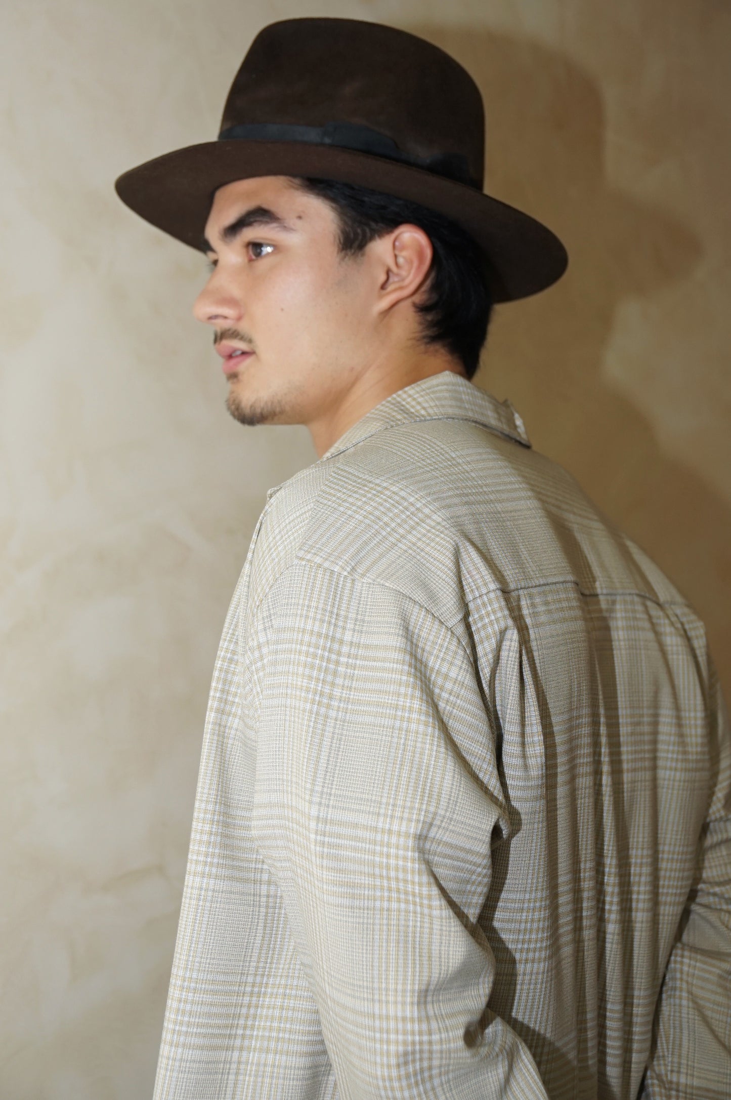 Long Sleeve Zip Shirt Beige Plaid