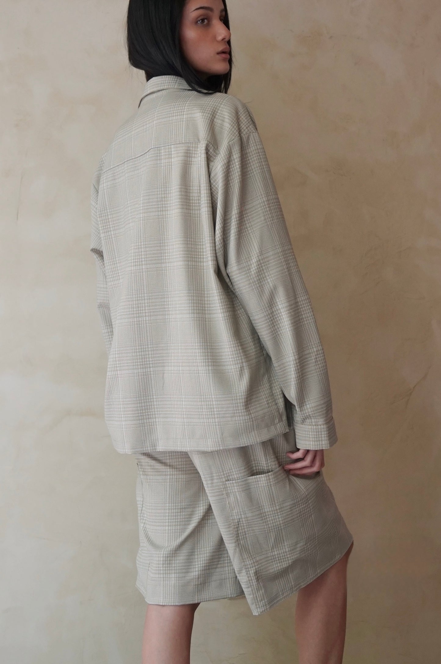 Long Sleeve Zip Shirt Beige Plaid