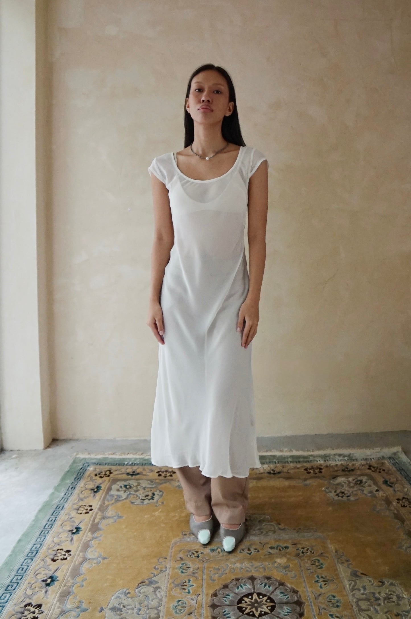 Cap Sleeve Veil Dress White