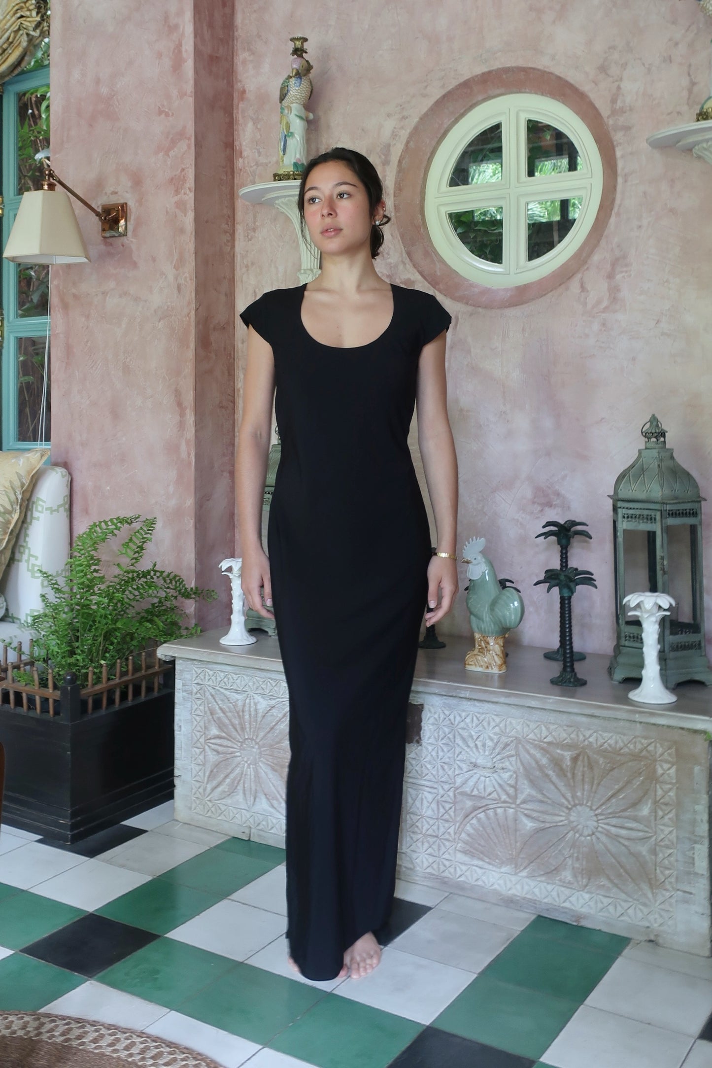 Cap Sleeve Maxi Dress Black Nylon