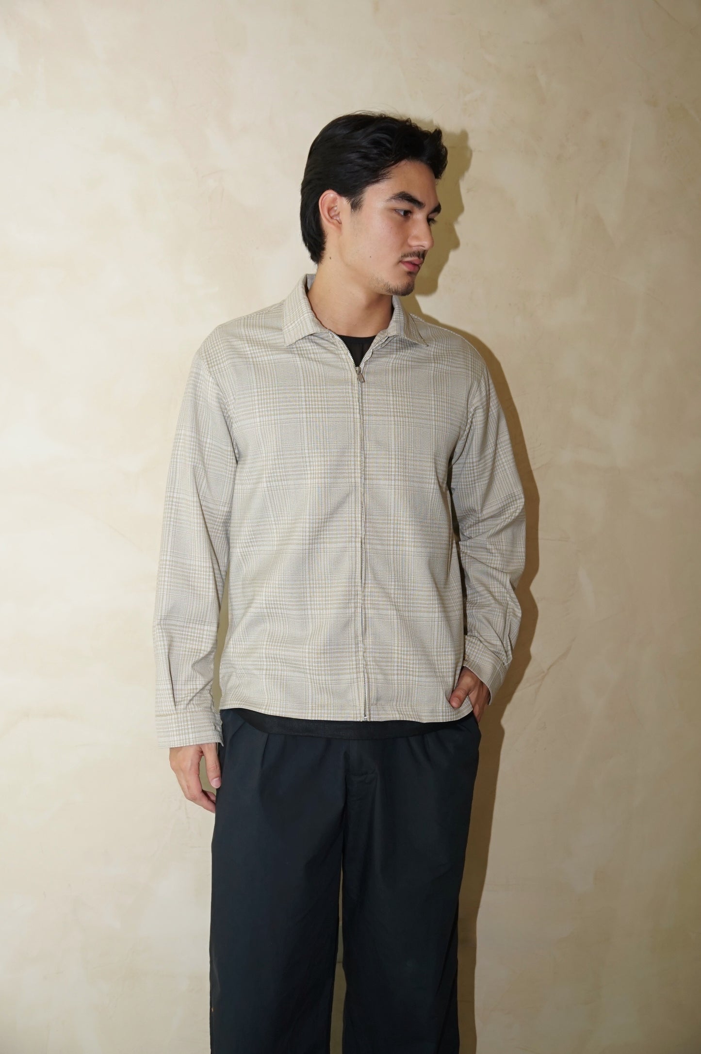 Long Sleeve Zip Shirt Beige Plaid