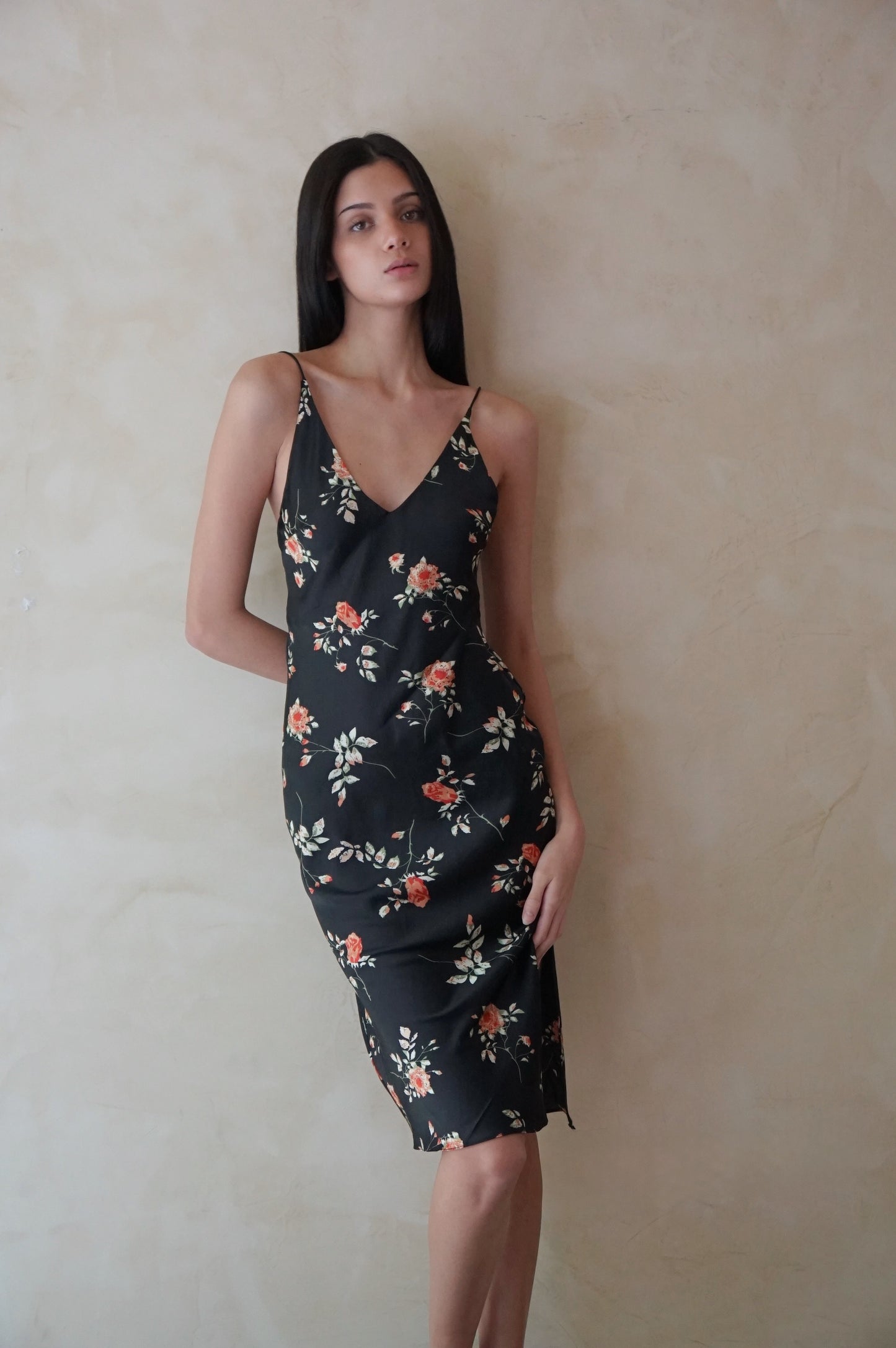 Bias Slip Midi Dress Black Floral