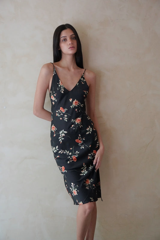 Bias Slip Midi Dress Black Floral