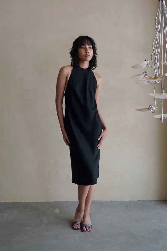 Halter Bias Midi Dress Black Tencel