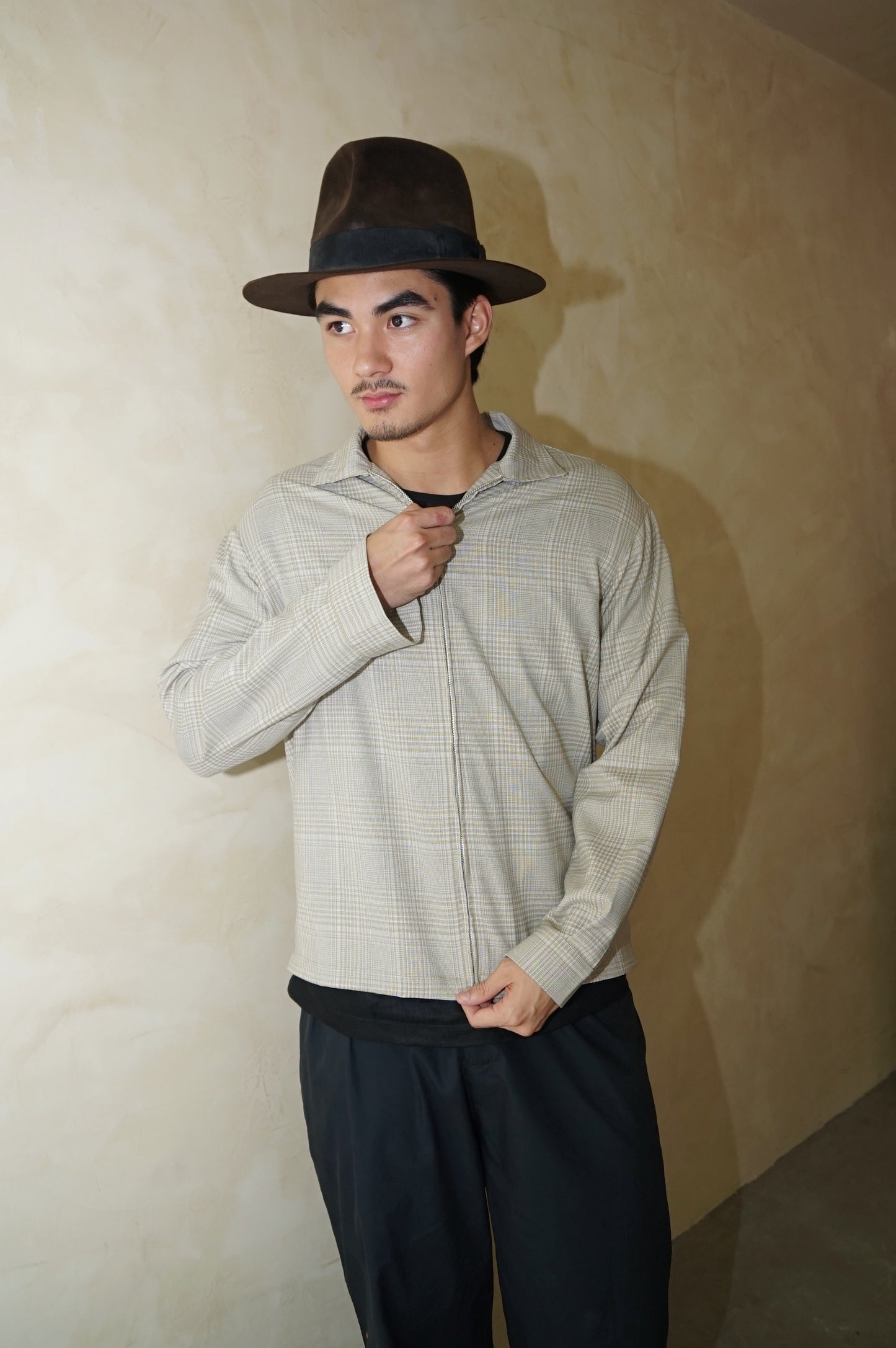 Long Sleeve Zip Shirt Beige Plaid