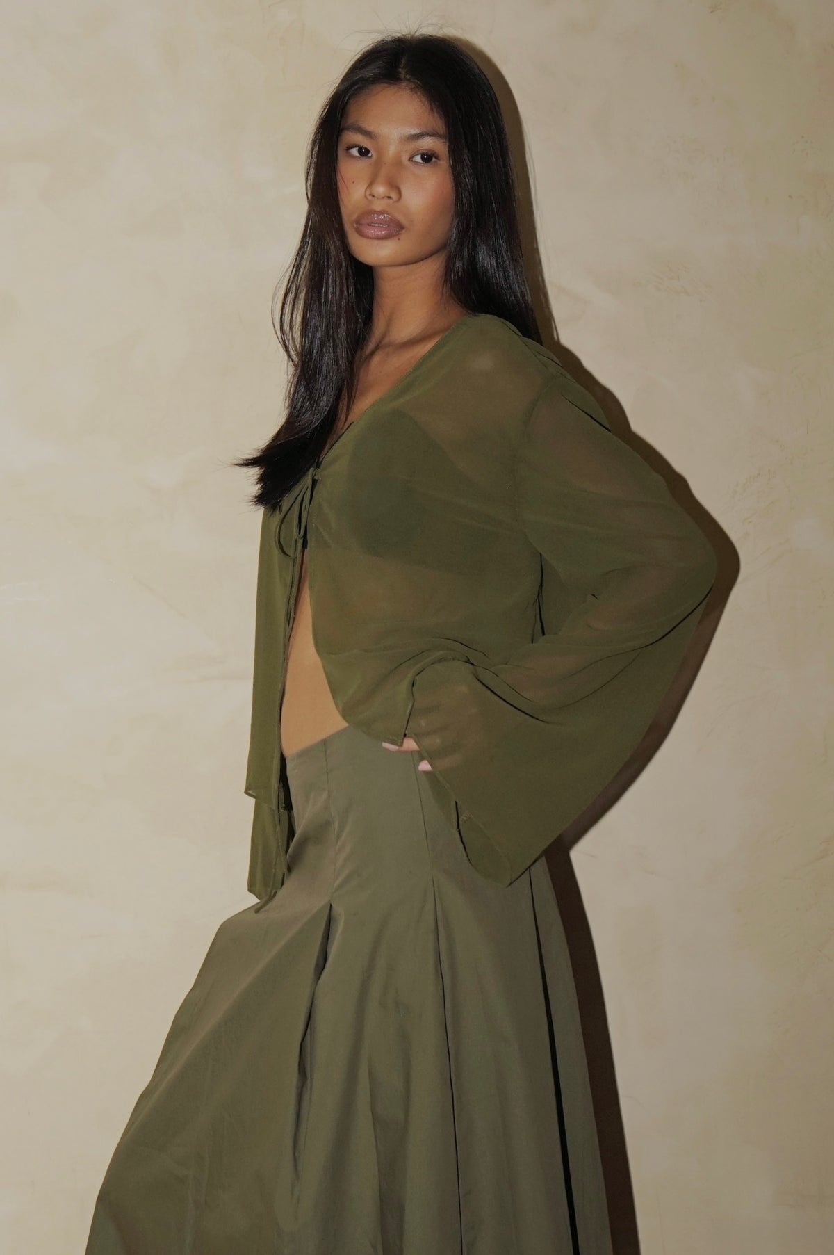 Ondine Tie Top Sheer Olive