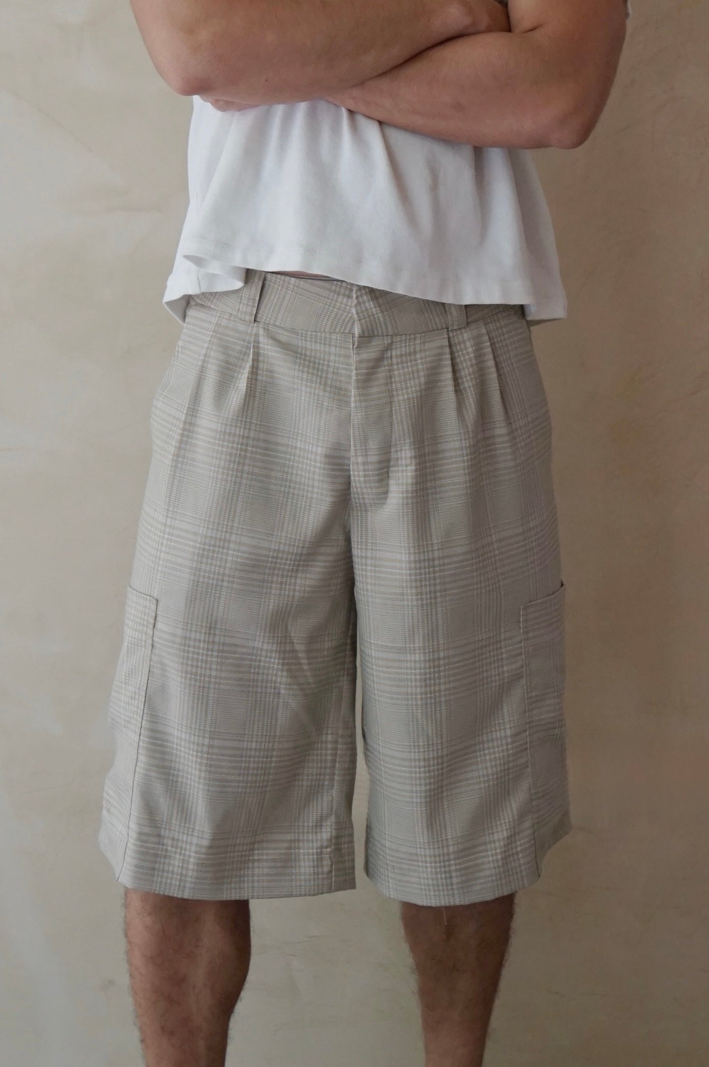 Unisex Cargo Shorts Beige Plaid