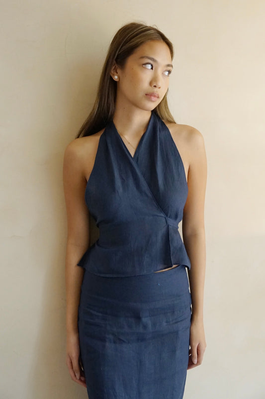 Wrap Top Navy Linen