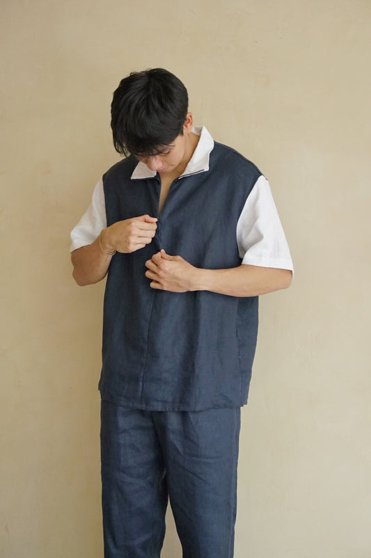 Men's Volley Shirt Colorblock Navy and Pure Linen
